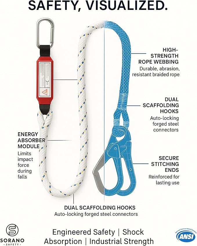 Sorano Safety Harness Fall Protection Kit, Full Body Roofing harnesses with Shock Absorbing Lanyard for Men, Fall Protection Harness for Construction Arneses De Seguridad Para Construcción, OSHA/ANSI