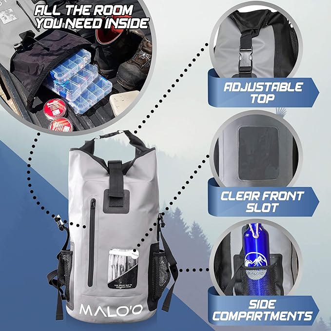 Malo'o 30L Waterproof Roll-Top Backpack - Ideal for Beach, Backpacking, Fishing, and Kayaking - Heavy-Duty Beach and Boat Accessory