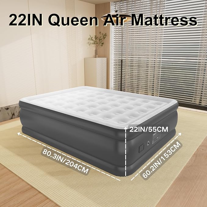 Air Mattress Queen with Built in Wireless Battery Pump,22'' Blow Up Inflatable Air Bed for Camping,Home,Thick Velvet Texture Waterproof,22'' Grey
