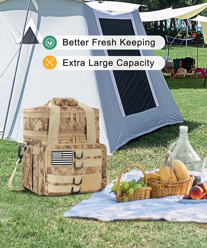 Tactical Lunch Box for Men, Large Insulated Lunch Bag Adult, Heavy Duty Double Deck Expandable Lunch Cooler Bag Leakproof Waterproof Lunch Tote for Work Office Camping Travel-Camo khaki