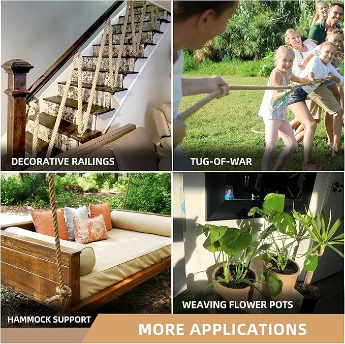 Heavy Duty Jute Rope - 1/2 Inch, 100 Feet, Natural Hemp, Twisted, Ideal for Crafts, Gardening, Bundling, Climbing, Hammock, Nautical, Tug of War, Railings, Home Decorating