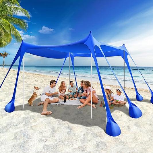 Rhino Valley Beach Tent Sun Shelter, Beach Canopy Tent Sun Shade UPF50+ Protection with 8 Sandbags 4 Stability Poles, Outdoor Beach Shade Canopy for Beach, Camping, Fishing