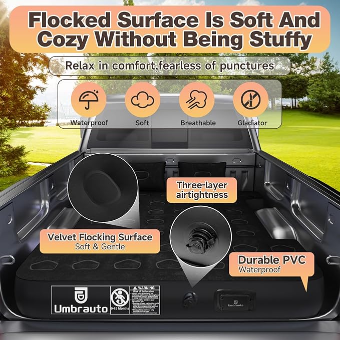 Umbrauto Built-in Pump Air Mattress for 5.5-5.8ft Full Size Short Truck Bed, Inflatable Camping Airbed with Rechargeable Cordless Pump for Truck Tent Camper