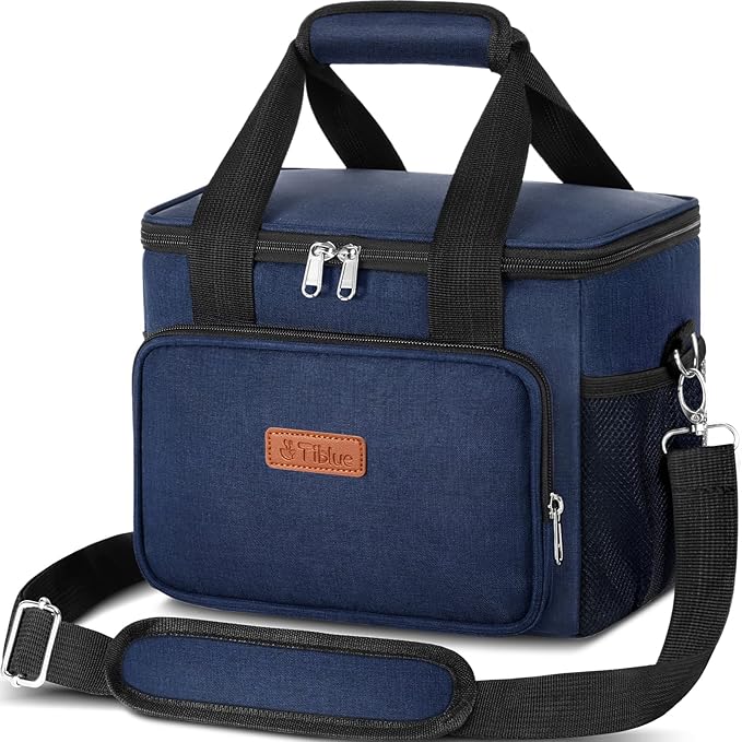 Tiblue Insulated Reusable Lunch Box for Office Work School Picnic Beach, Leakproof Freezable Cooler Bag with Adjustable Shoulder Strap (Medium, Dark Blue)