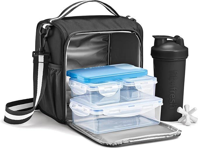 Fit & Fresh BREE FitPak Meal Prep Lunch Box With Containers, Ice Pack, and Shaker Bottle For Men and Women, 6pc. Meal Prep Kit Lunch Bag With Containers Included, Black