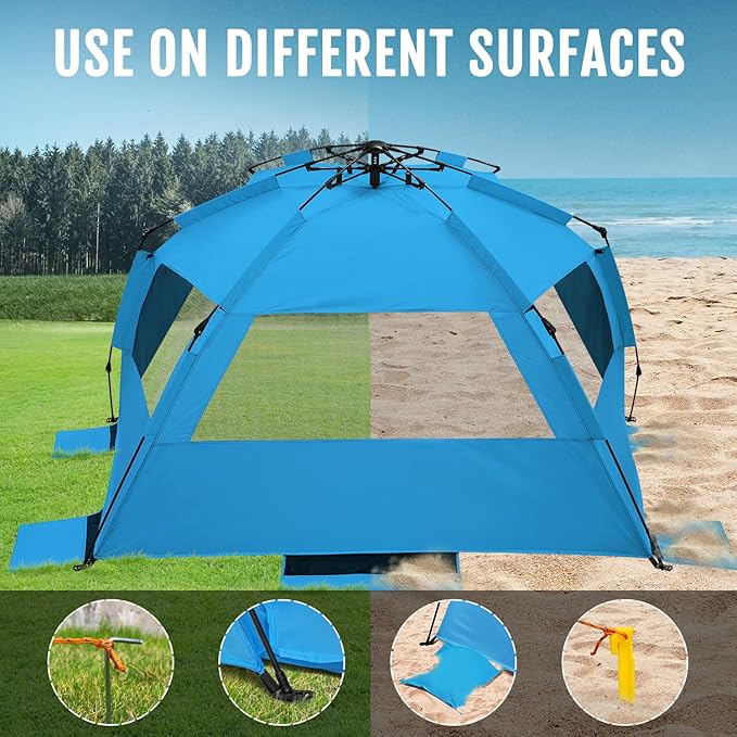 WhiteFang Deluxe Pop Up Beach Tent Sun Shade Shelter for 3-4/5-6 Person, UV Protection, Extendable Floor with 3 Ventilating Windows Plus Carrying Bag, Stakes, and Guy Lines