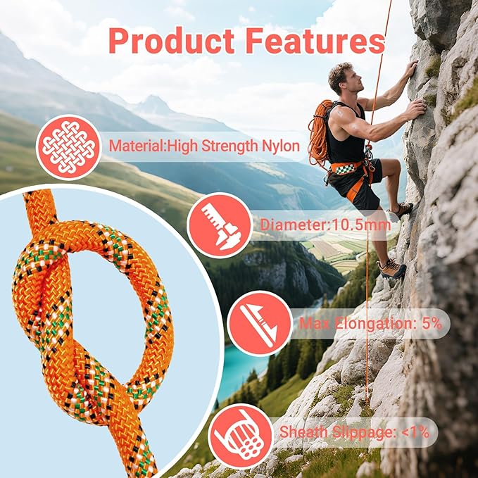 10.5mm Climbing Rope,Static Rock Climbing Rope for Escape Rope Ice Climbing Equipment Fire Rescue Parachute