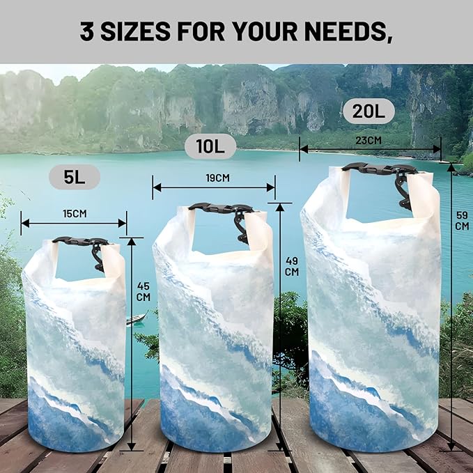 Waterproof Dry Bag,Roll Top Summer Ocean Coastal Beach Sea Waves Waterproof Backpack 5L/10L/20L Floating and Lightweight Bags for Kayaking, Boating, Swimming and Camping with Waterproof Phone Case