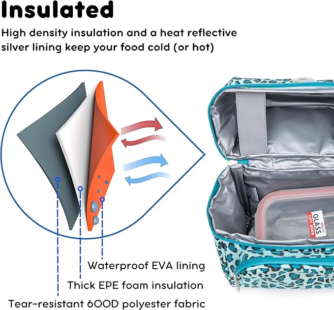 J World Corey Kids Lunch Bag. Insulated Lunch-Box for Girls, Women, Mint Leopard