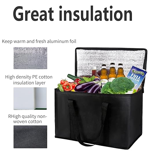 musbus 2 pack Additional Bottom Plate Black Insulated Grocery shopping bag, Delivery,pizza,reusable bags, Sturdy zipper,Collapsible,tote,cooler,thermal,Beach,waterproof heavy duty