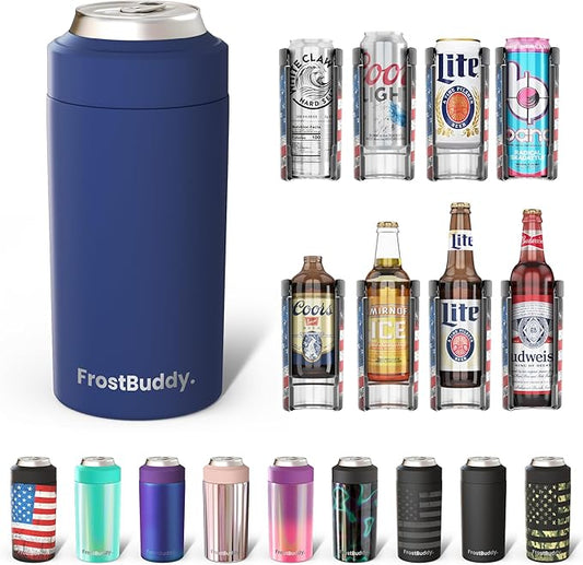Frost Buddy Universal Can Cooler - Fits All - For Regular 12 & 16 oz or Slim-Size Bottles - Insulated Double-Walled Stainless Steel (Navy)
