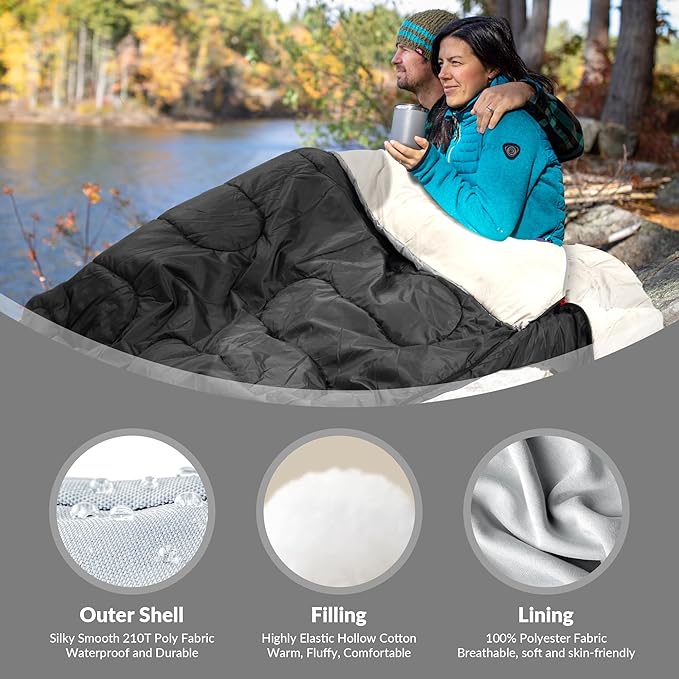 Double Sleeping Bag with 2 Pillows for Adults, Queen Size XL Sleeping Bag Waterproof, Compact with Compression Sack, 2 Person Sleeping Bags for 3-4 Seasons Camping, Backpacking, Hiking, Travel