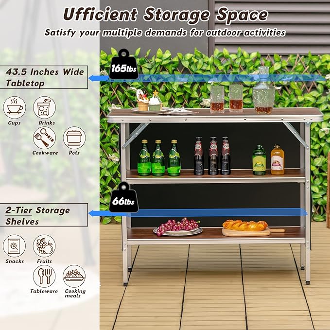 Goplus Folding Camping Table, Aluminum Portable Pop-Up Bar Table with 2-Tier Storage Shelves, Removable Cloth Cover, Foldable Camp Table for Picnic, Tailgate, Party, Travel, Outdoor