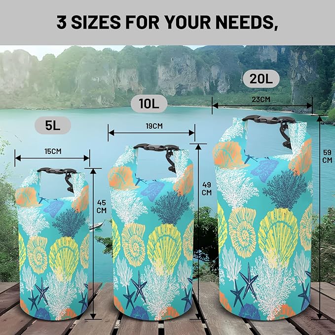 Waterproof Dry Bag,Roll Top Coastal Summer Beach Coral Starfish Waterproof Backpack 5L/10L/20L Floating and Lightweight Bags for Kayaking, Boating, Swimming and Camping with Waterproof Phone Case