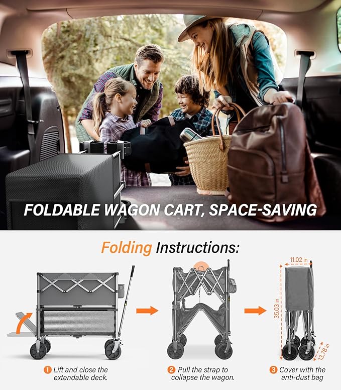 Collapsible Wagon Double Decker Wagons Carts Foldable for All Terrain, Grey