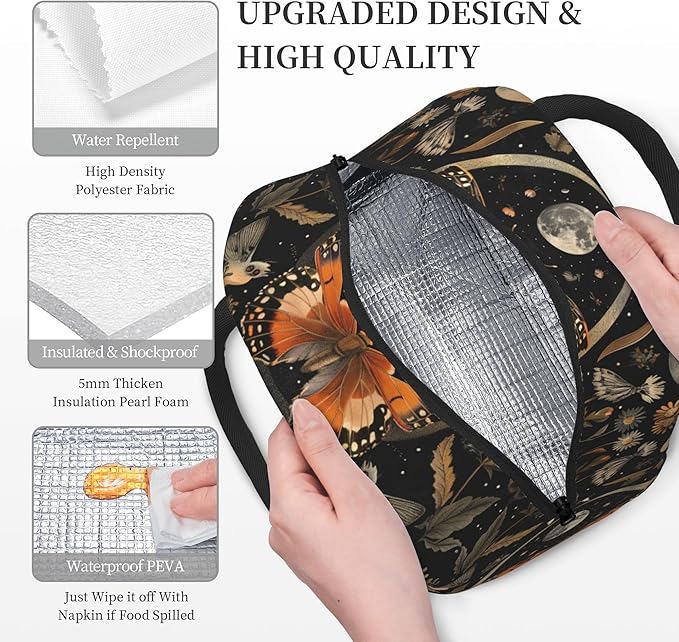 Orange Butterfly Moon Lunch Bag Lunch Box for Women Men Boys Girls, Reusable Insulated Lunch Tote Bag, Leakproof Thermal Cooler Sack Food Handbags High Capacity for Work School Picnic Camping Gifts
