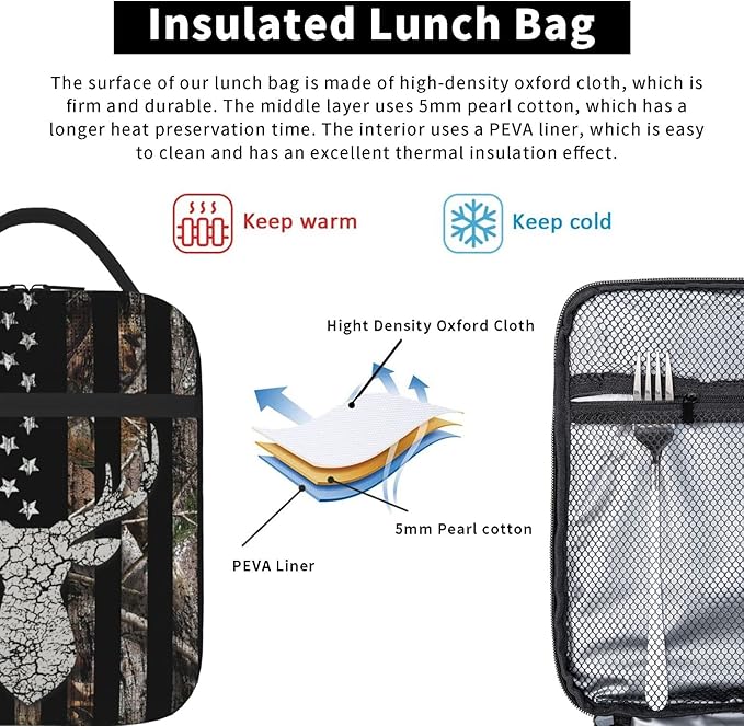 SARA NELL Hunting Camo Deer Insulated Lunch Bag Camouflage American Flag Lunch Cooler Box for Women Men Teens Kids, Reusable Lunch Tote Bag, Insulated Lunch Bags for Work, Picnic, School or Travel