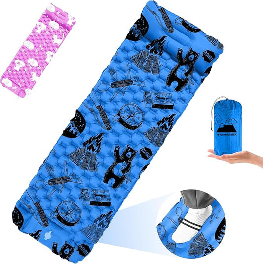 Inflatable Sleeping pad for Kids, Toddler and Youth | Air Mattress w Built-in Pump, 5’5” Ultralight Sleeping Mat with Pillow for Camping, Sleepovers & Travel | Airpad, Kids Cot, Camping Mattress -Blue