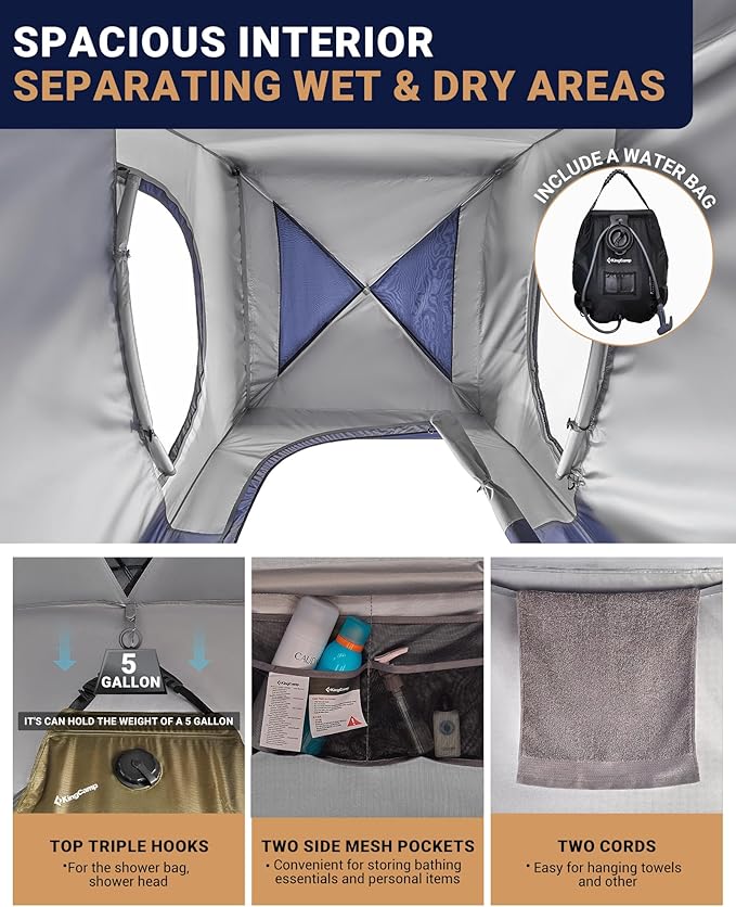 KingCamp Camping Shower Tent, Portable Outdoor Privacy Toilet & Changing Tent Windproof & Waterproof Easy Setup 1 or 2 Room Shelter with Shower Bag for Camping Hiking Beach