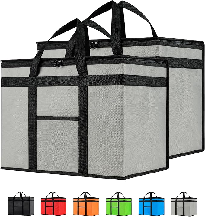 NZ home Insulated Cooler Bag and Food Warmer (XL Plus, 2 Pack) for Delivery & Grocery Shopping with Zippered Top, Gray