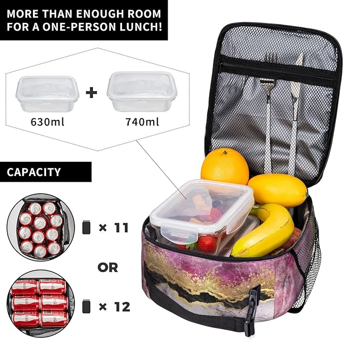 Fashion Marble Lilac Gold Purple Insulated Lunch Bag Reusable Cooler Lunch Box Portable Leakproof Thermal Container Tote Bags for Girls Boys School Travel
