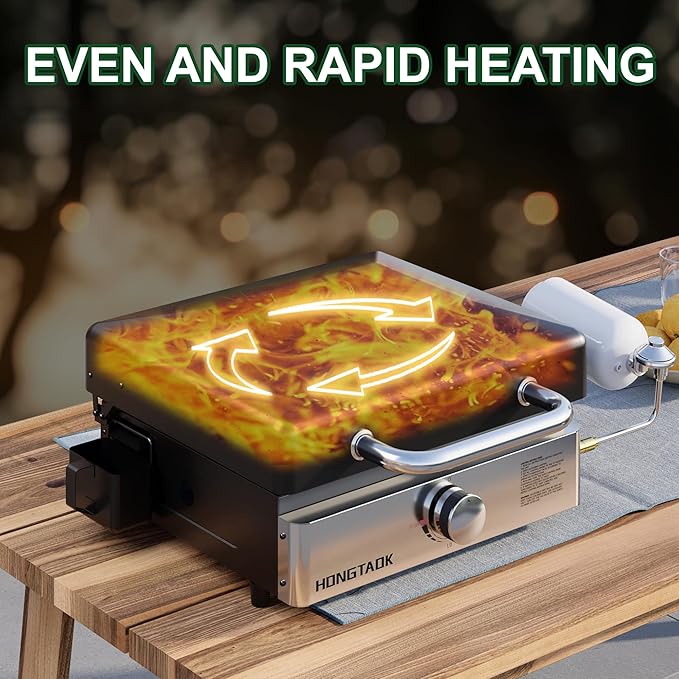 23 Inch Portable Propane Gas Grill with Lid & Stainless Steel Front Plate, Propane Table Top Griddle for Outdoor, Cooking, BBQ, Camping, 2 Burners