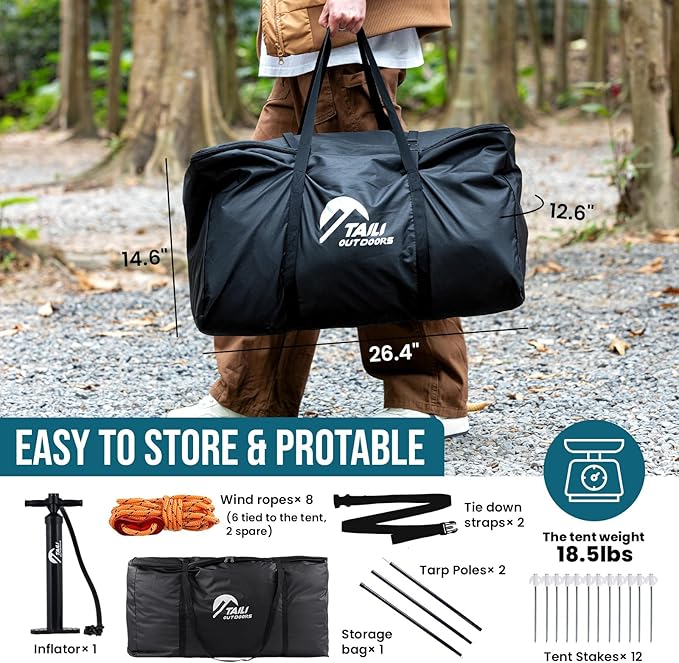 TAILI Inflatable Blow Up Tent for Camping with Hand Pump for 4/8 Person, Easy Setup Outdoor Inflatable Oxford Waterproof Air Tent House for Family Camping Adult