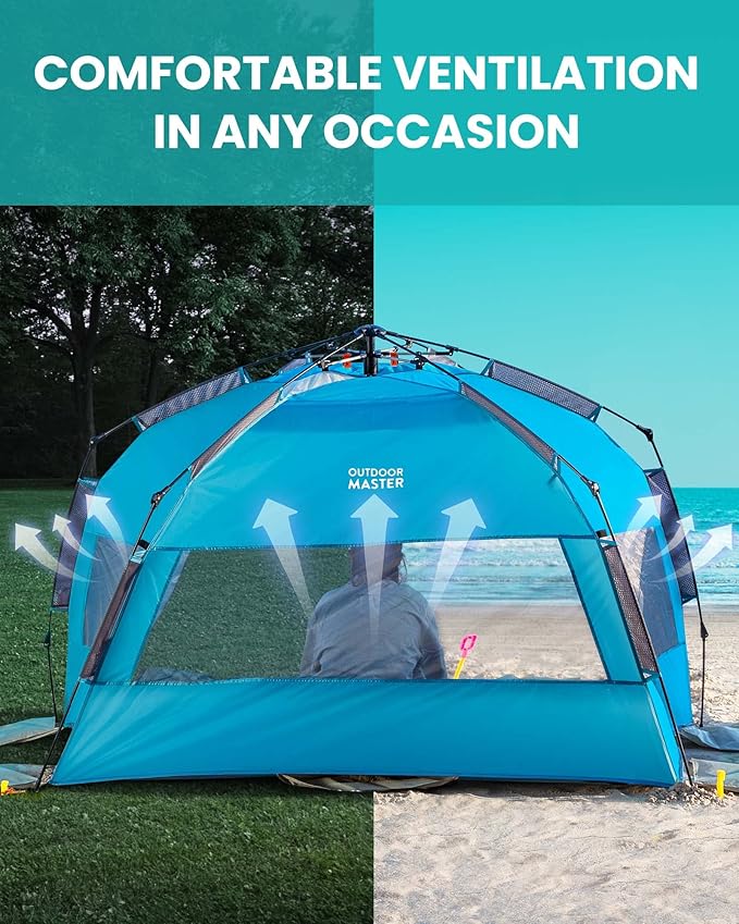 OutdoorMaster Beach Tent for 3-4 Person - Easy Setup and Portable Beach Shade Sun Shelter Canopy with UPF 50+ UV Protection Removable Skylight Family Size