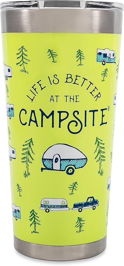 Camco Life is Better at The Campsite 20 oz. Printed Tumbler | Features Superior Ice & Heat Retention | Camper/RV Sketch Pattern on Green Background Design (53321)