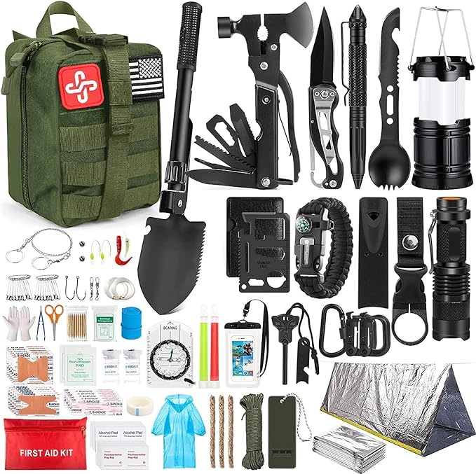 Survival Kit, 250Pcs Survival Gear First Aid Kit with Molle System Compatible Bag and Emergency Tent, Emergency Kit for Earthquake, Outdoor Adventure, Hiking, Hunting, Gifts for Men Women