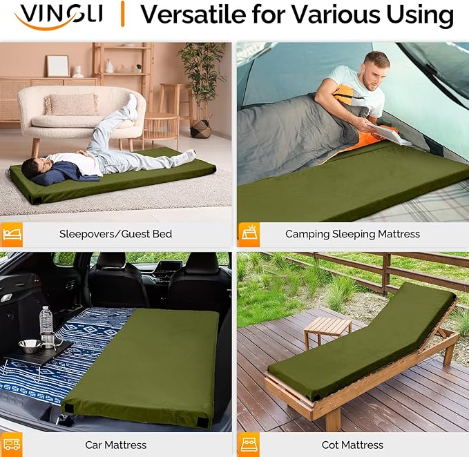 VINGLI 3 "Memory Foam Sleeping Pad Camping Mattress, Portable Floor Mattress Sleeping Mat Bed Roll Up for Guests Adult with Pillow & Phone Pocket