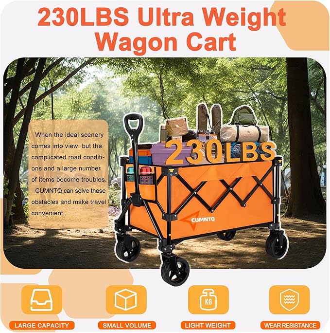 Collapsible Wagon Cart with Wheels, Heavy Duty Foldable Wagon Cart with 230lbs Weight Capacity, Utility Beach Wagons Portable for Outdoor, Grocery, Camping, Shopping, Orange
