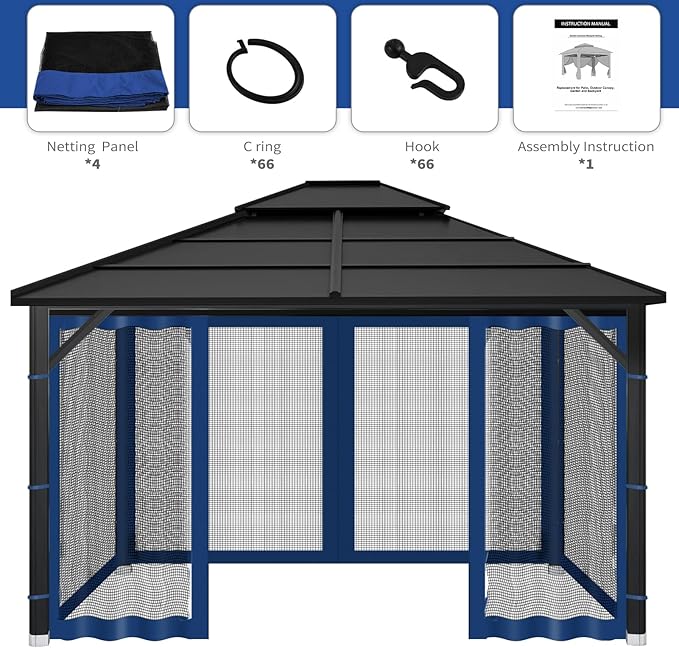 Gazebo Replacement Mosquito Netting Outdoor Universal Gazebo Canopy 4-Panels Screen Sidewalls with Zipper for Patio Garden (Navy Blue, 10x10)