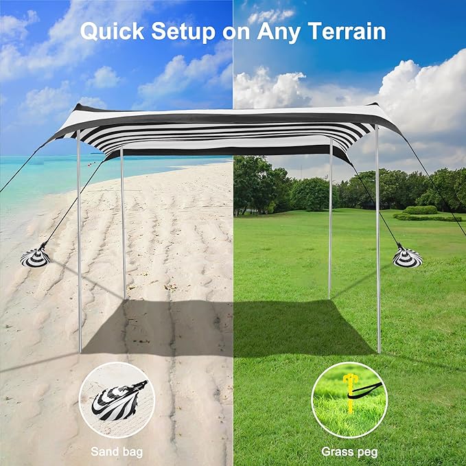 Beach Tent, Beach Canopy Sun Shade UPF 50+, Portable 10×10 FT Camping Sun Shelter with Sandbags, Poles, Ground Pegs and Anti-Wind Ropes for Outdoor, Backyard, Picnics, Fishing-Black Stripe