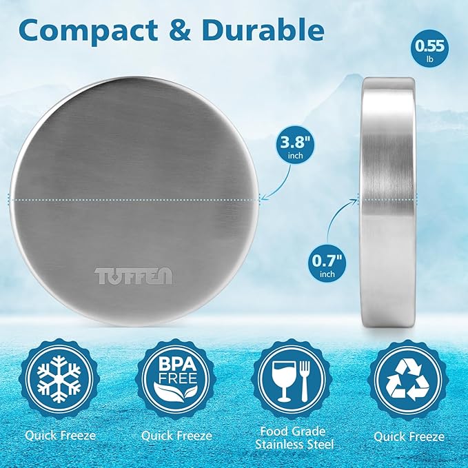 Small Ice Packs for Lunch Boxes, Stainless Steel Round Cold Packs for Cooler, Reusable Long Lasting Freezer Packs, Multi Use Cooler Accessories for Camping and Pain Relief (1 Pack)