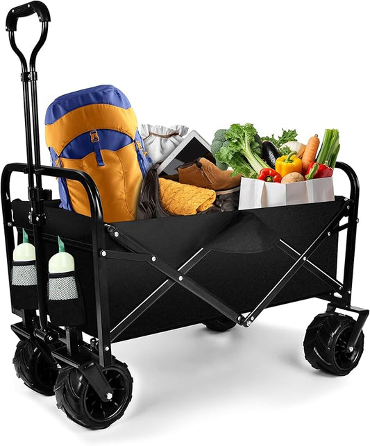 YSSOA Collapsible Folding Wagon Cart, Beach Wagon for Sand with Big Wheels, Heavy Duty Foldable Utility Wagon, Portable Garden Cart with Adjustable Handle, Foldable Grocery Wagon for Camping Sports