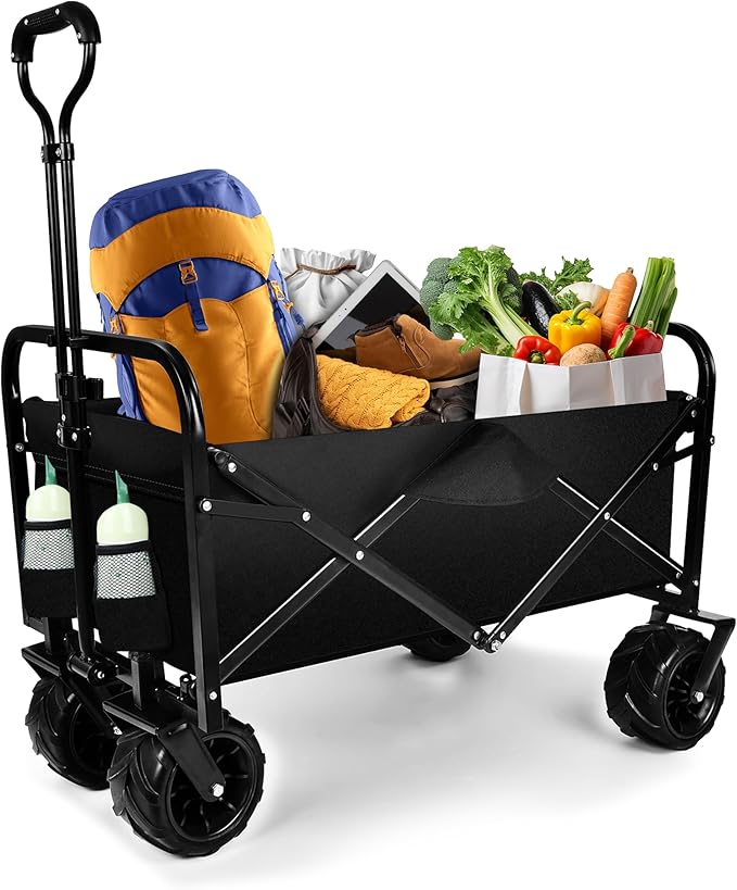 Beach Cart with 7 inch All-Terrain Wheels, Wagons Carts Heavy Duty Foldable, Utility Grocery Wagon with Side Pocket for Camping Garden Sports
