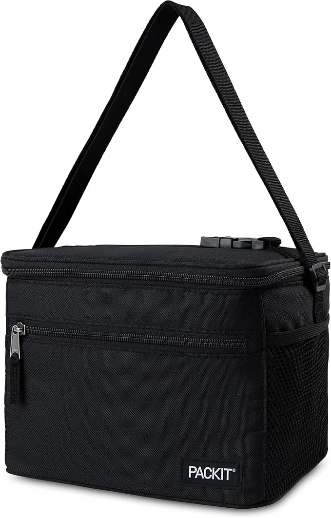 PackIt Freezable Essential Cooler, Black, Built with ECOFREEZE Technology, Fully Freezable, Collapsible, Reusable, With Removable Crossbody Strap, Top Clip Handle, Designed for Fresh Office