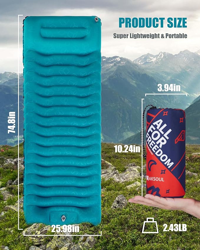 AKSOUL Sleeping Pad Ultra-Thick - Inflatable Sleep Mat, Lightweight & Compact 4.72 in Air Mattress with Pillow, Self-Inflating with Built-in Foot Pump for Traveling, Hiking, Camping (Blue)
