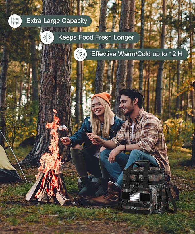 Tactical Lunch Box for Men, Expandable Large Insulated Lunch Bag for Adult, Heavy Duty Double Deck Lunch Cooler Bag with Shoulder Strap Leakproof Waterproof Lunch Tote for Travel Office - Green Camo