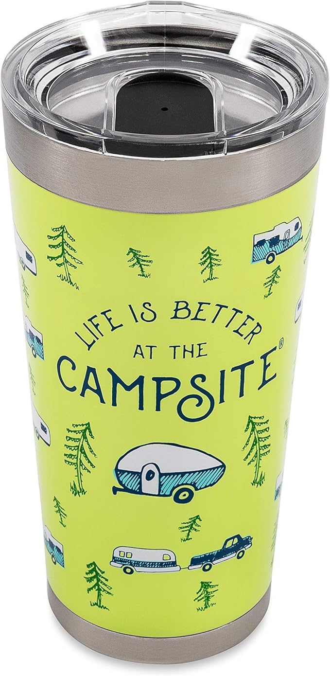 Camco Life is Better at The Campsite 20 oz. Printed Tumbler | Features Superior Ice & Heat Retention | Camper/RV Sketch Pattern on Green Background Design (53321)