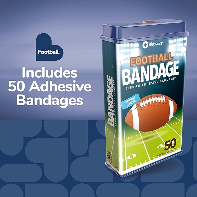 BioSwiss Bandages, Football Shaped Self Adhesive Bandage, Latex Free Sterile Wound Care, Fun First Aid Kit Supplies for Kids, 50 Count