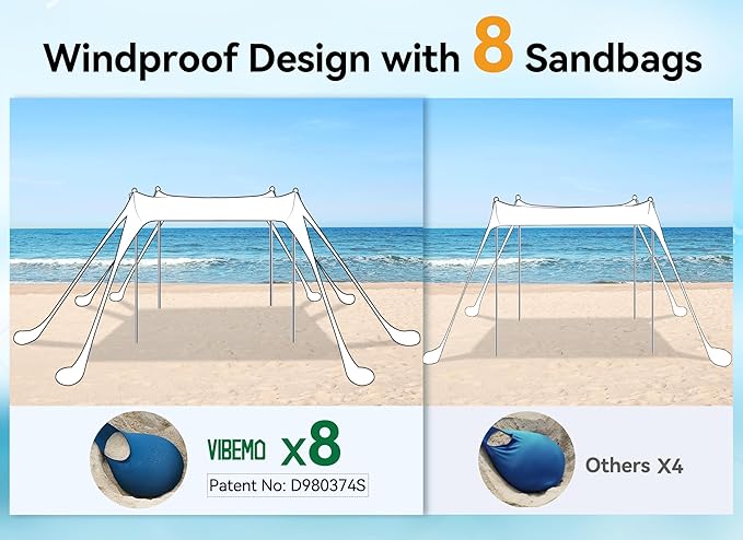Beach Tent, Beach Canopy Sun Shade with UPF50+ UV Protection, 10x10ft, Includes 8 Sandbags, Sand Shovel, Ground Pegs & 4 Stability Poles, Pop Up Sun Shelter for Camping, Picnics, Backyard Fun