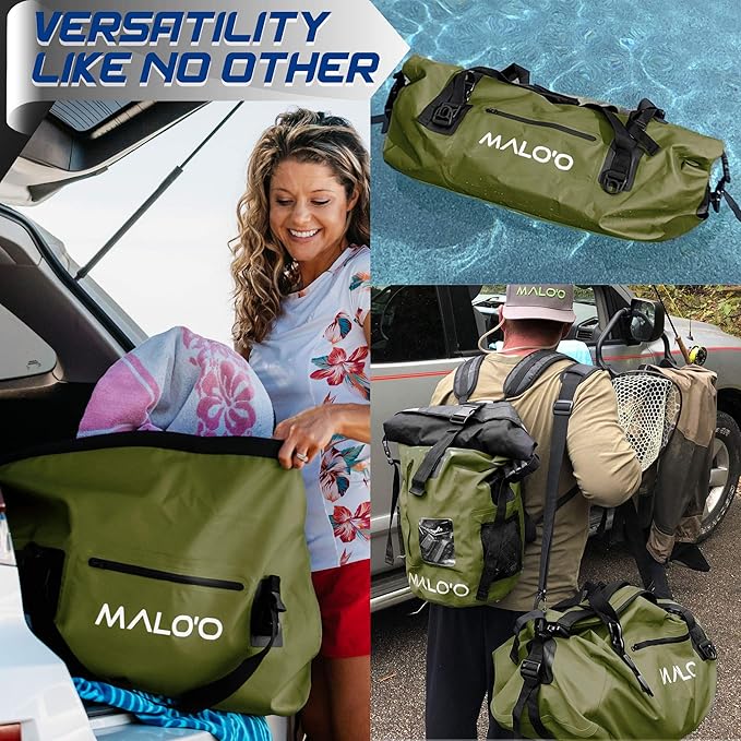 Malo'o Waterproof Dry Bag Duffel 40L/60L/100L, Roll Top Duffel Keeps Gear Dry for Kayaking, Rafting, Boating, Swimming, Camping, Hiking, Beach, Fishing - Internal & External Pockets and Molle Loops