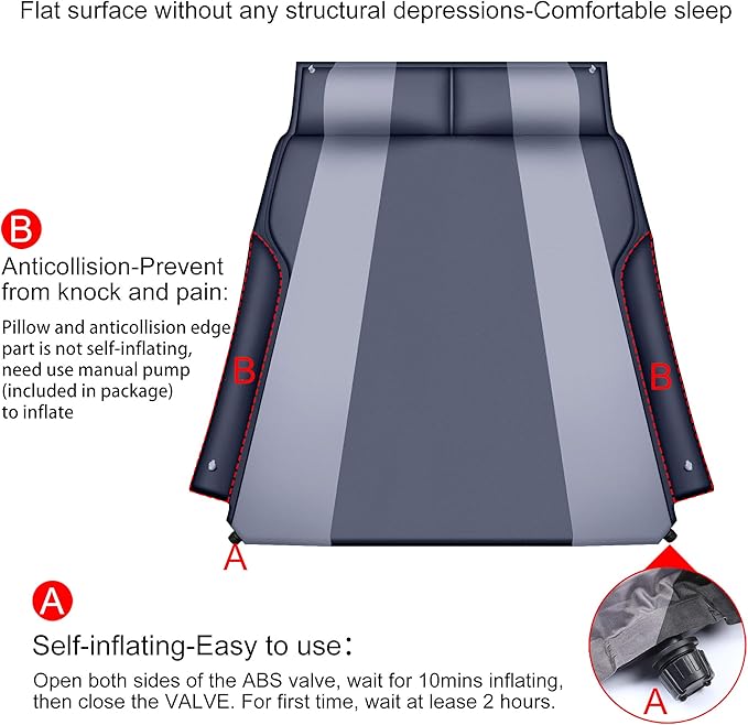 Automatic SUV air Mattress, Self Inflating Sleeping pad for car Camping or Tent Camping, Self-Inflatable Car Mattress with Inflatable Pillow Used for Minivan/SUV/Truck Back seat (Black)