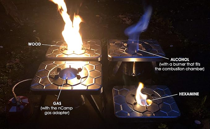 nCamp - Stove Plus Portable Camp Stove Set, Outdoor Multi Fuel Camp Stove, Wood Stove with Iso-Propane Adapter, Mini Stove for Gas, Hexamine Tablets, Liquid Fuels, Portable Camp Cooker 2-Piece Set