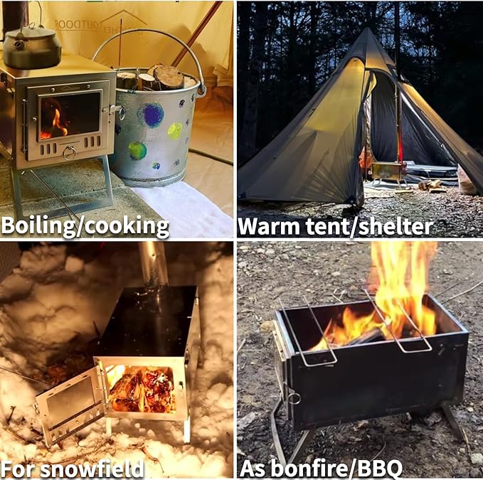 DANCHEL OUTDOOR S6/SSG Folding Camping Stove, 304 Stainless Steel Wood Burning Stove with 7.2ft Chimney, Portable Hot Tent Stove Solo Camping Survival Backpacking, Lightweight & Compact Design