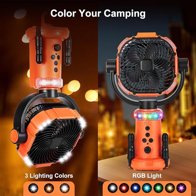 Odoland 20000mAh Camping Fan with Lantern, 360° Oscillation Table Fan with Remote & Hook, Rechargeable Battery Operated Outdoor Power Fan with Light for Camp, Family Travel and Jobsite, Orange