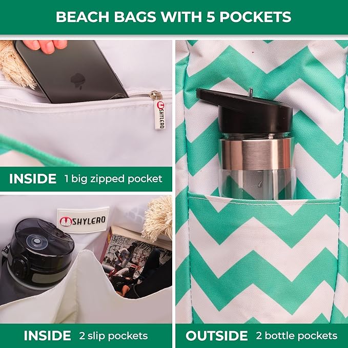 SHYLERO Beach Bag and Pool Bag. Has Airtight Pouch, Ton of Pockets. Beach Tote is Zippered, Water Resistant. Family Size