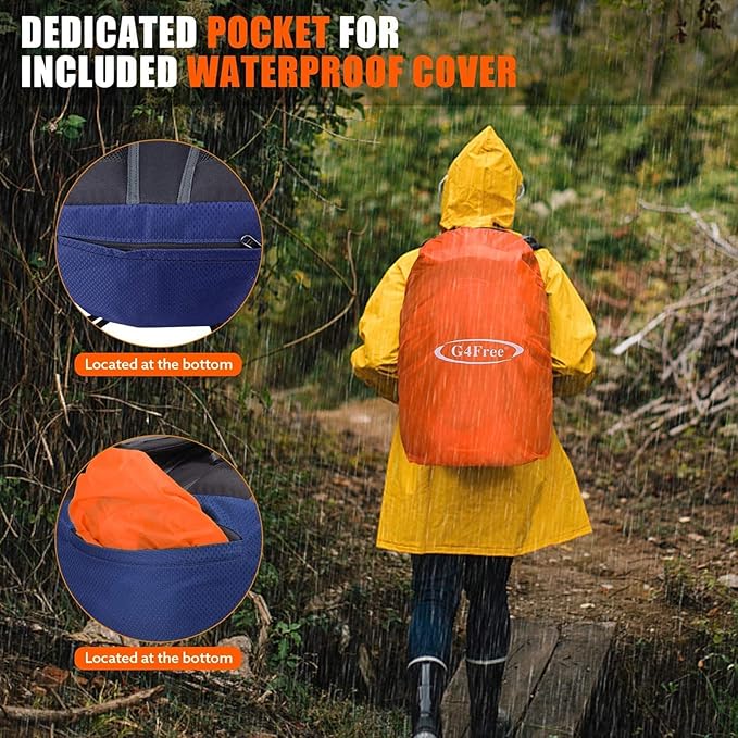 G4Free 35L Hiking Backpack Water Resistant Outdoor Sports Travel Daypack Lightweight with Rain Cover for Women Men (Dark Blue)